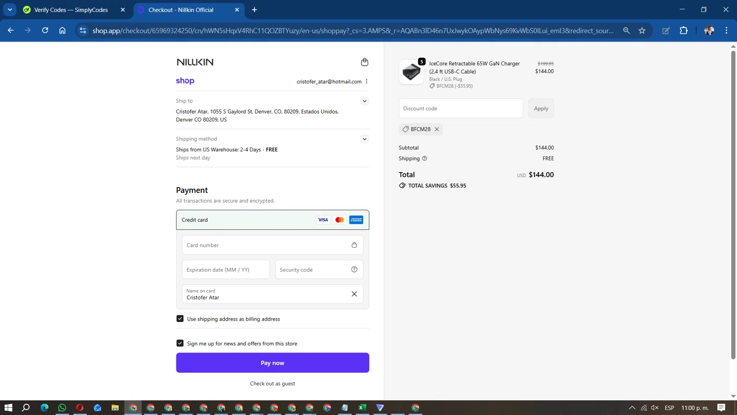 Nillkin discount code screenshot showing code BFCM28 applied at Nillkin checkout page. Uploaded by SimplyCodes community member DavidMGF on Nov 30, 2025
