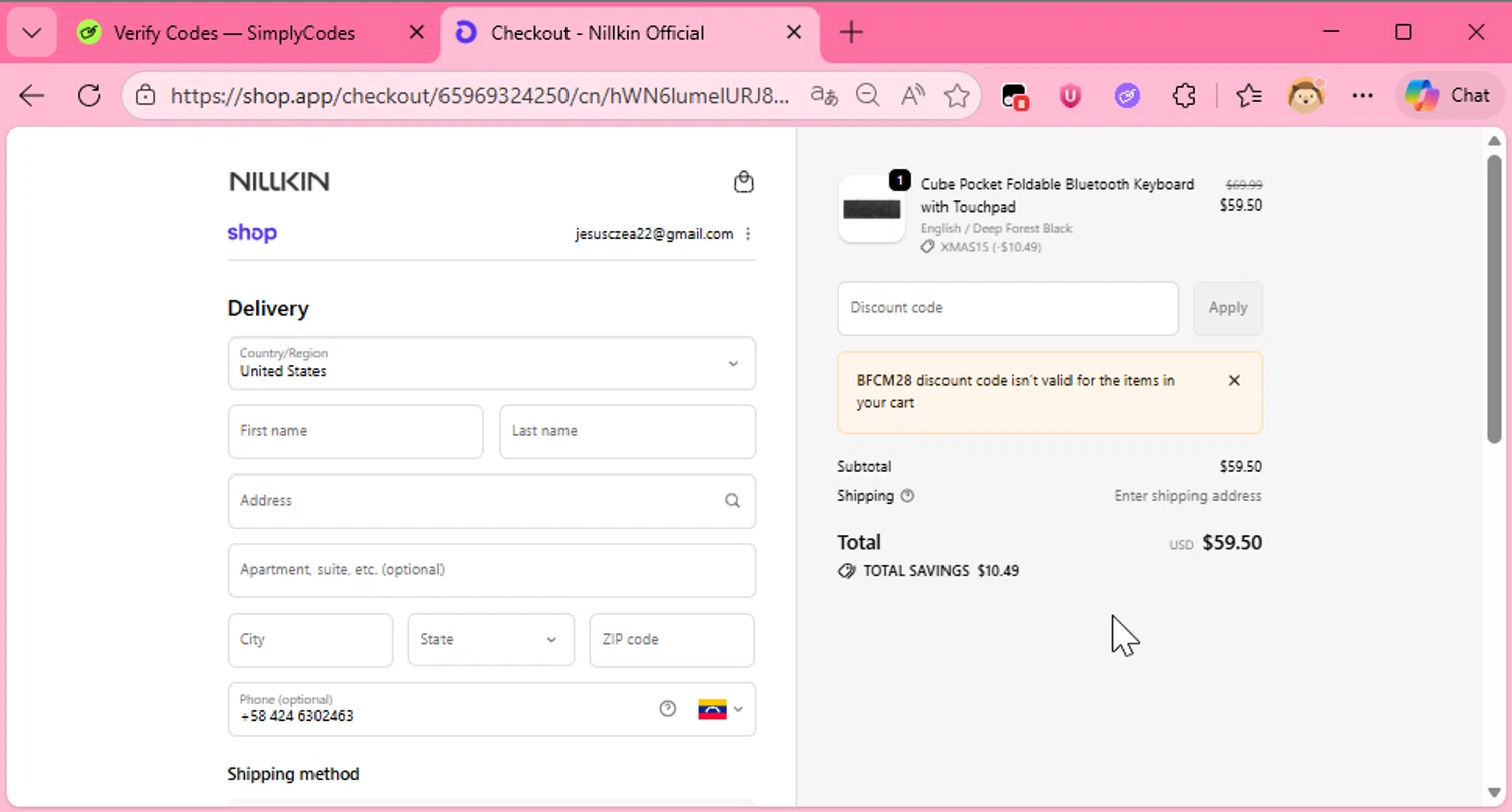Nillkin discount code screenshot showing code BFCM28 applied at Nillkin checkout page. Uploaded by SimplyCodes community member murraytopsom on Dec 23, 2025