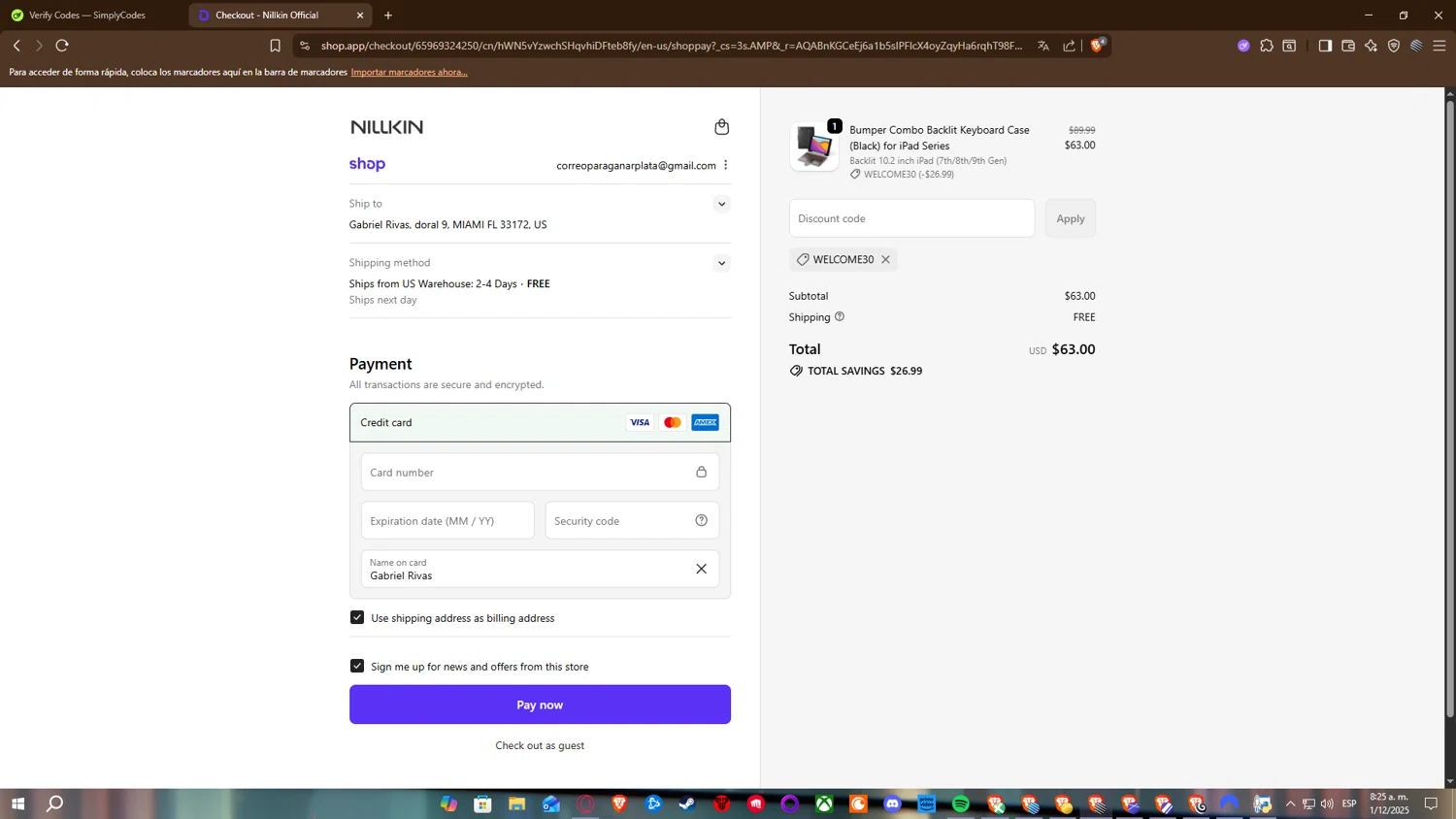 Nillkin discount code screenshot showing code WELCOME30 applied at Nillkin checkout page. Uploaded by SimplyCodes community member DealEagle493 on Dec 1, 2025