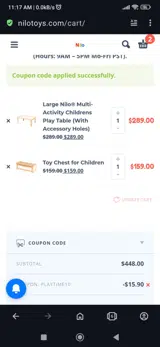 Nilo Toys coupon verification screenshot
