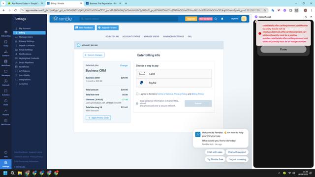 Nimble checkout page showing Nimble discount code box | Screenshot taken by SimplyCodes community member on Aug 14, 2025