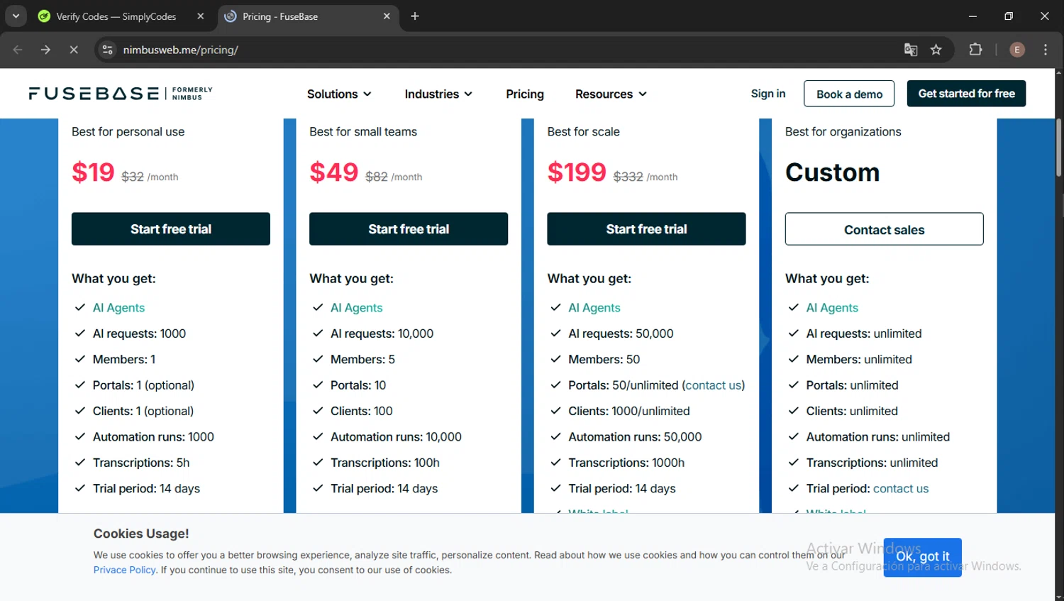FuseBase promo code screenshot showing code try20 applied at FuseBase checkout page. Uploaded by SimplyCodes community member Esteban14 on Jul 8, 2025