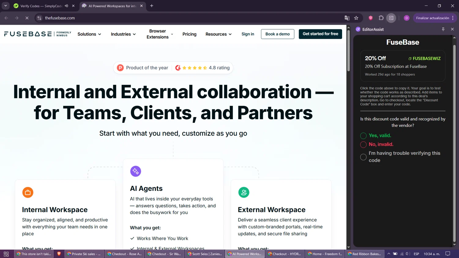 FuseBase promo code screenshot showing code FUSEBASEWIZ applied at FuseBase checkout page. Uploaded by SimplyCodes community member FrugalFox6349 on Oct 22, 2025
