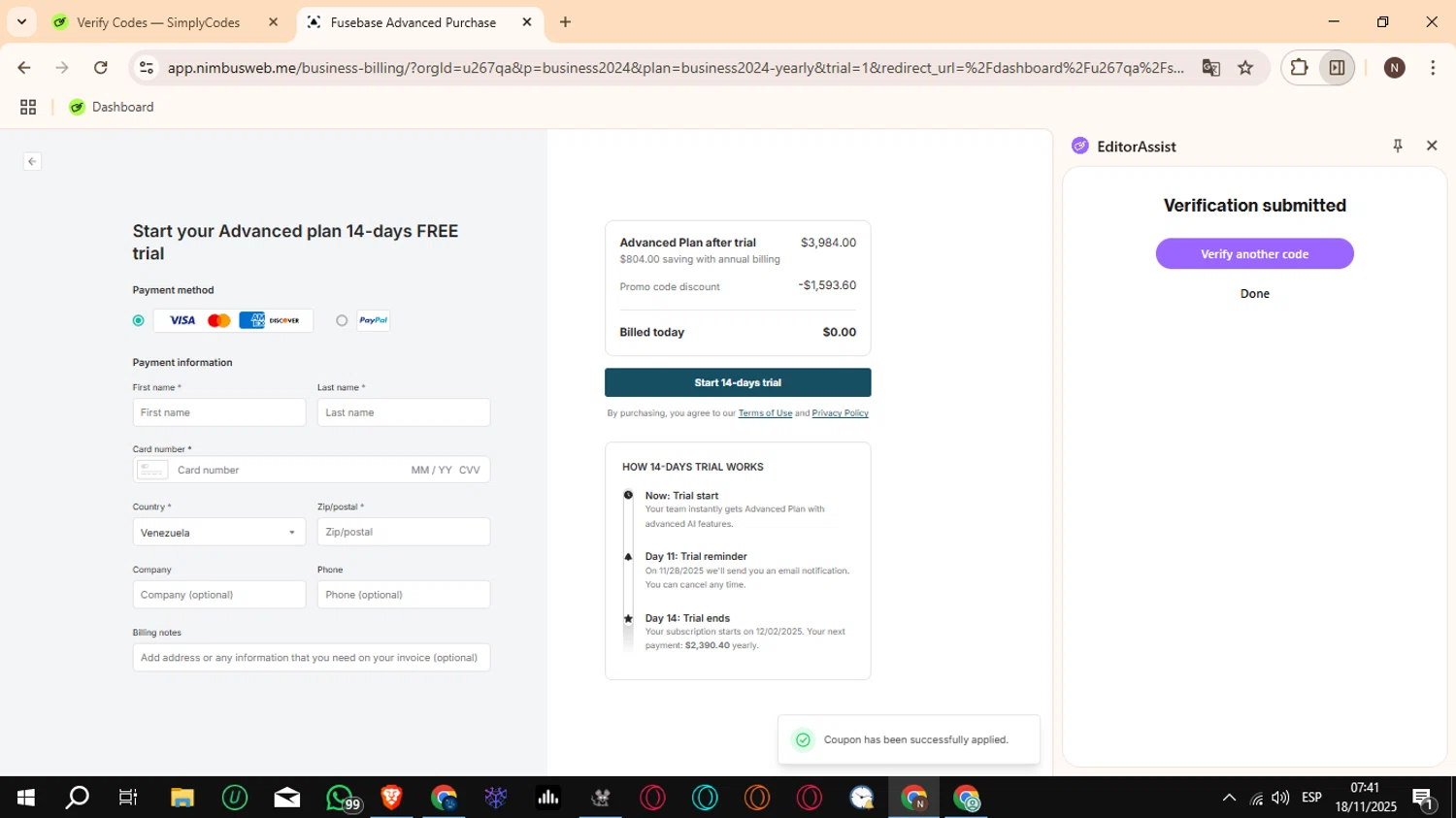FuseBase promo code screenshot showing code trialcode applied at FuseBase checkout page. Uploaded by SimplyCodes community member Crchirino1 on Nov 18, 2025