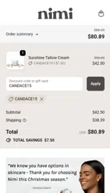 Nimi Skincare coupon verification screenshot