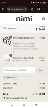 Nimi Skincare coupon verification screenshot