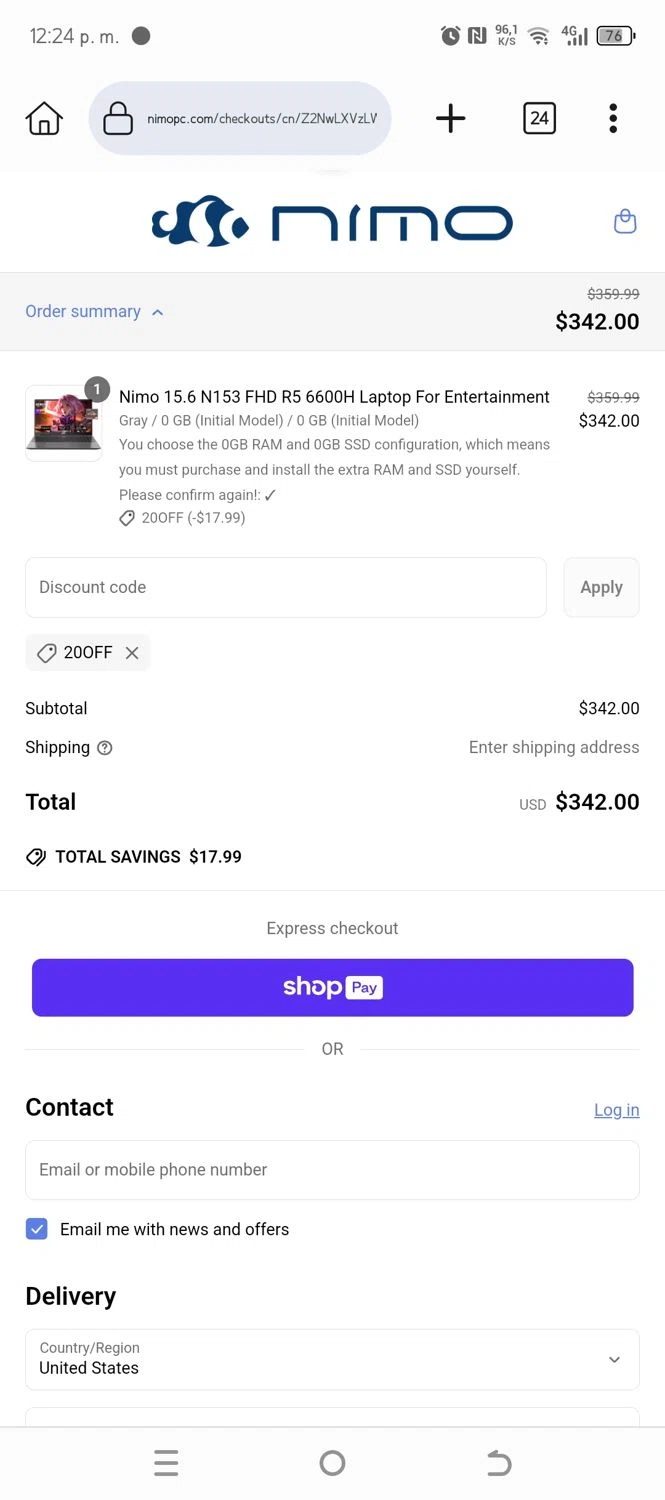 Nimo promo code screenshot showing code 20off applied at Nimo checkout page. Uploaded by SimplyCodes community member DiscountCurator3335 on Jun 15, 2025