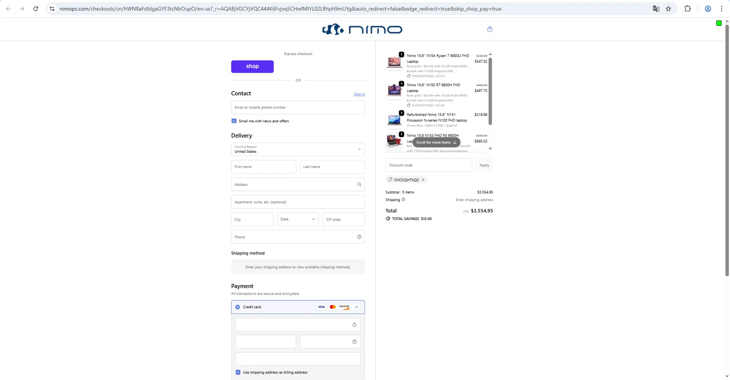 Nimo promo code screenshot showing code OVCOQHTKQD applied at Nimo checkout page. Uploaded by SimplyCodes community member zzzzzzza on Feb 9, 2026