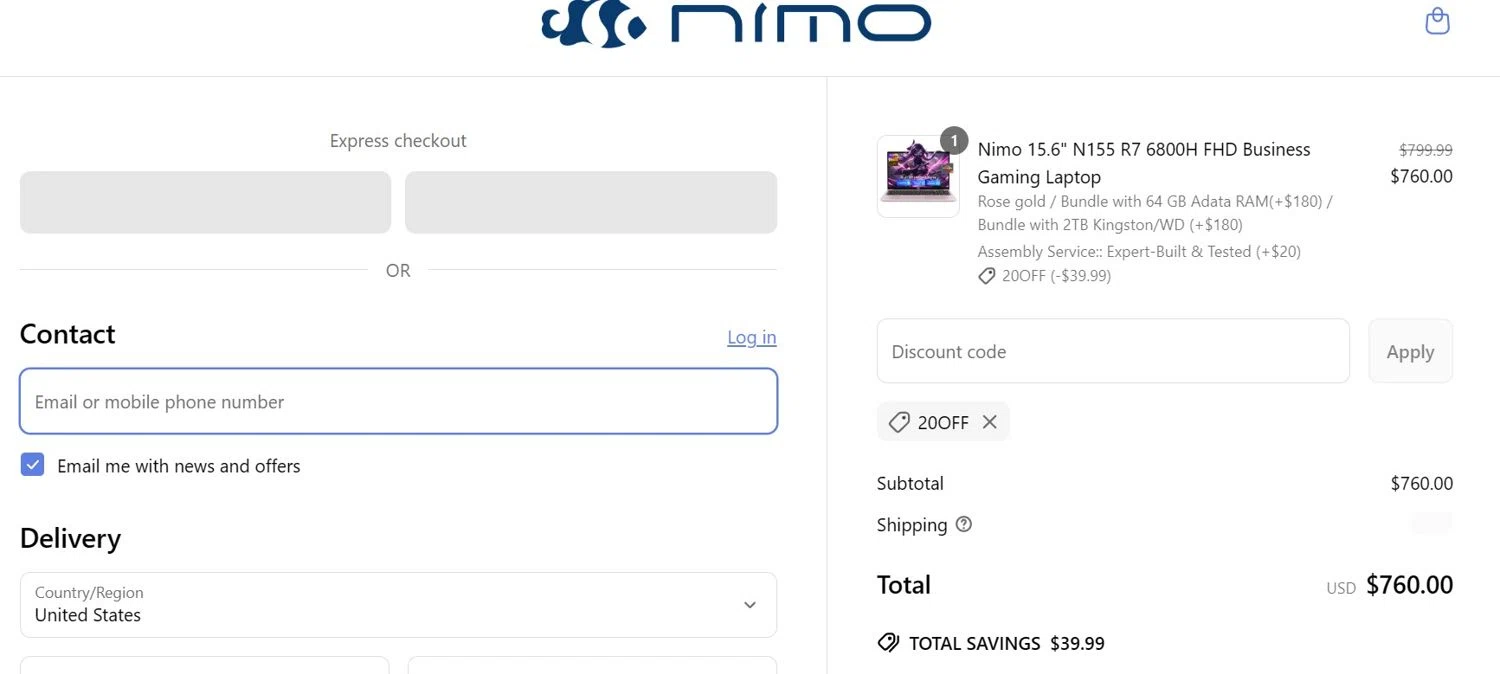 Nimo promo code screenshot showing code 20off applied at Nimo checkout page. Uploaded by SimplyCodes community member Mistica on Jun 15, 2025