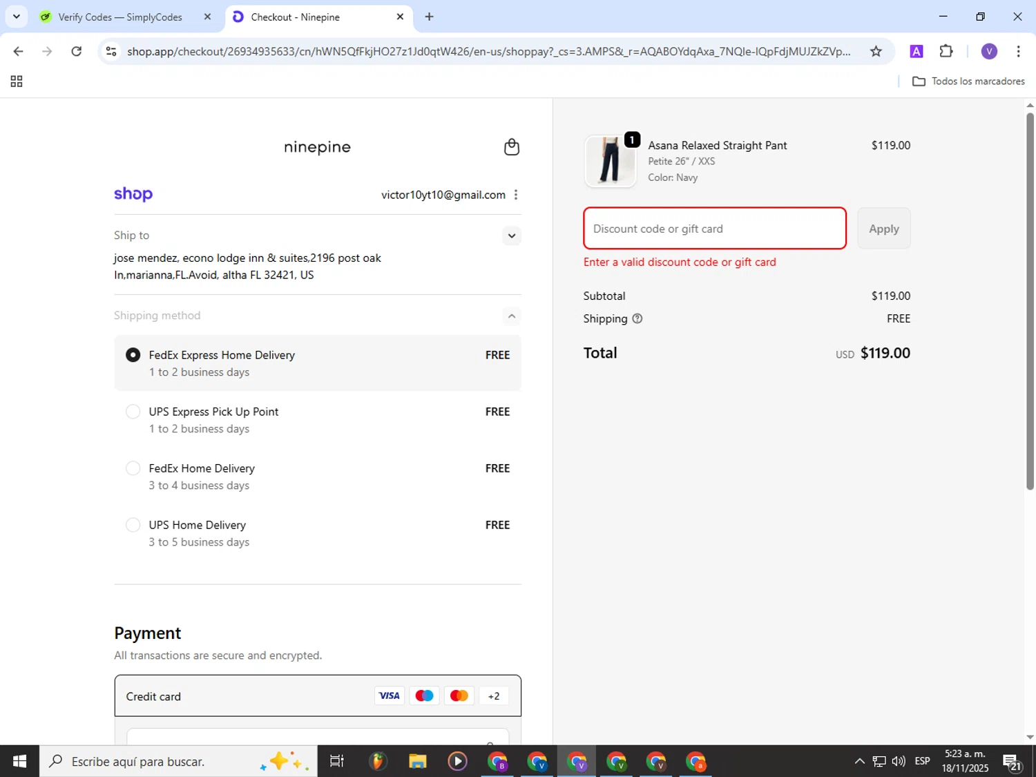 Ninepine discount code screenshot showing code NINEPINE10 applied at Ninepine checkout page. Uploaded by SimplyCodes community member Gianpiero on Nov 18, 2025