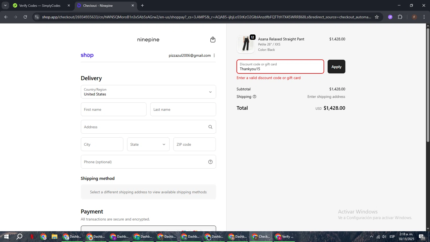 Ninepine discount code screenshot showing code Thankyou15 applied at Ninepine checkout page. Uploaded by SimplyCodes community member ExtraordinaryHunter3076 on Nov 18, 2025