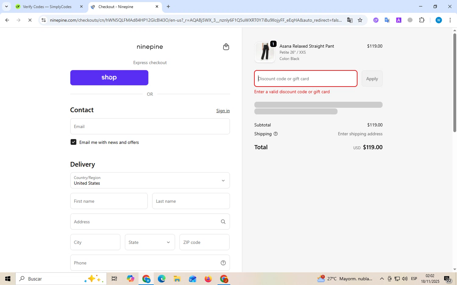 Ninepine discount code screenshot showing code Thankyou15 applied at Ninepine checkout page. Uploaded by SimplyCodes community member kuromii on Nov 18, 2025