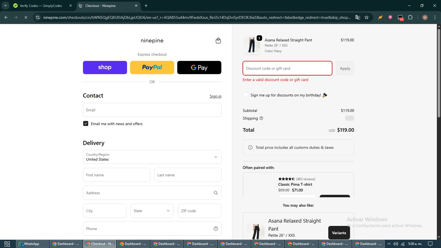 Ninepine discount code screenshot showing code E1Y6QW applied at Ninepine checkout page. Uploaded by SimplyCodes community member DiscountTitan4635 on Nov 18, 2025