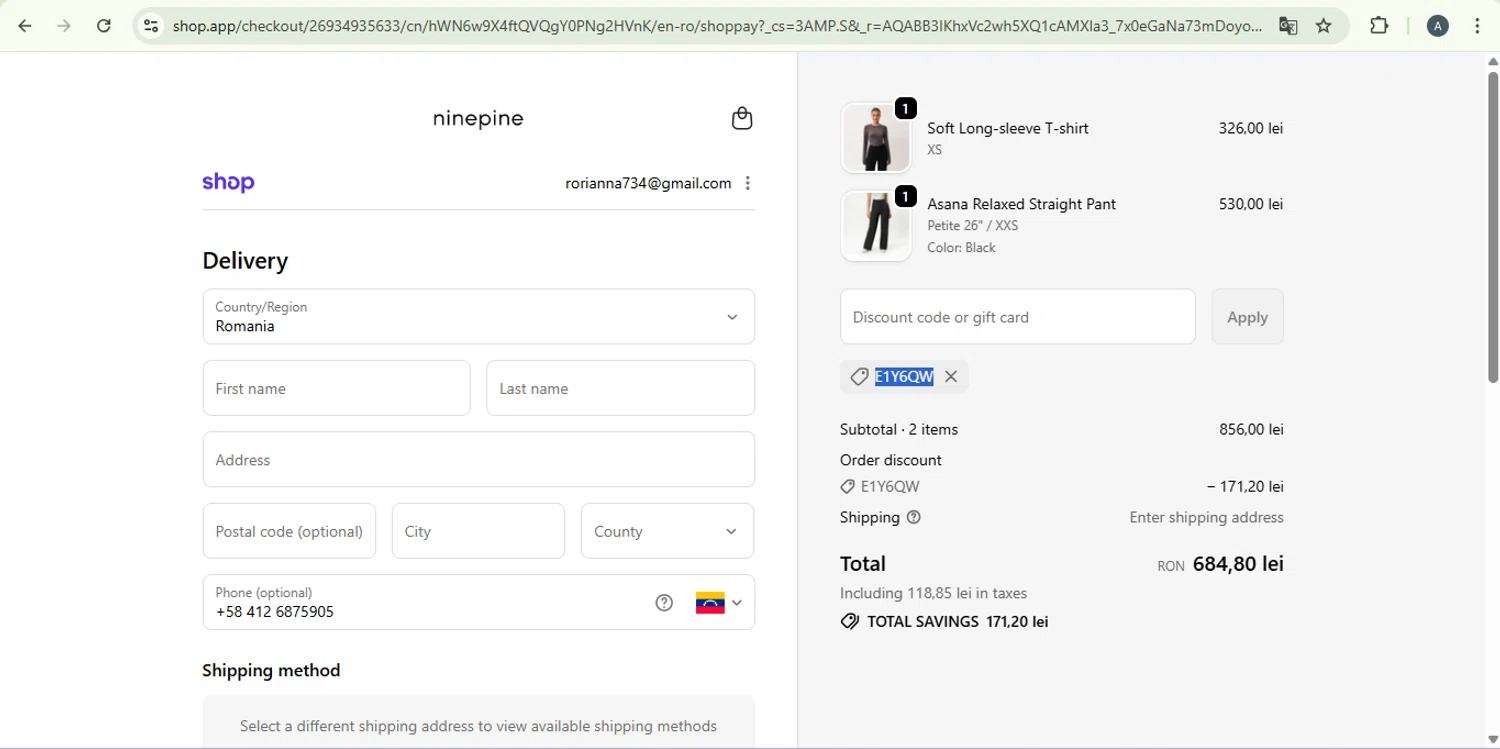 Ninepine discount code screenshot showing code E1Y6QW applied at Ninepine checkout page. Uploaded by SimplyCodes community member PromoExpert5262 on Dec 28, 2025