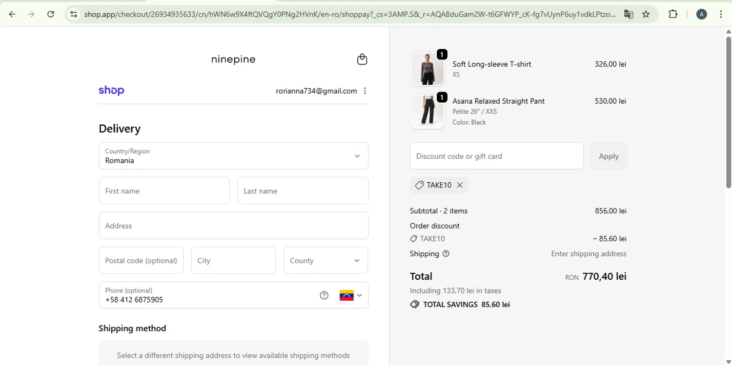 Ninepine discount code screenshot showing code TAKE10 applied at Ninepine checkout page. Uploaded by SimplyCodes community member PromoExpert5262 on Dec 29, 2025
