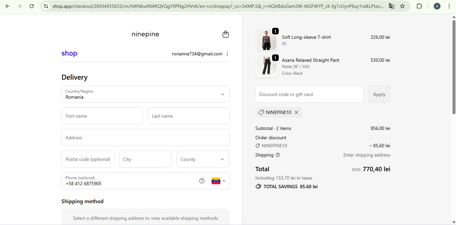 Ninepine discount code screenshot showing code NINEPINE10 applied at Ninepine checkout page. Uploaded by SimplyCodes community member SaleSentinel7319 on Dec 29, 2025