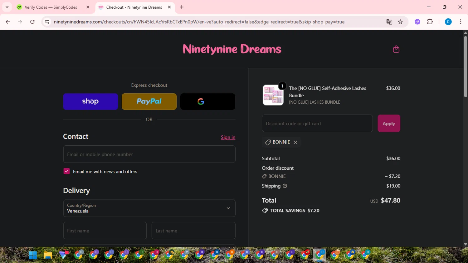 Ninetynine Dreams discount code screenshot showing code BONNIE applied at Ninetynine Dreams checkout page. Uploaded by SimplyCodes community member saltediosteve on Oct 13, 2025