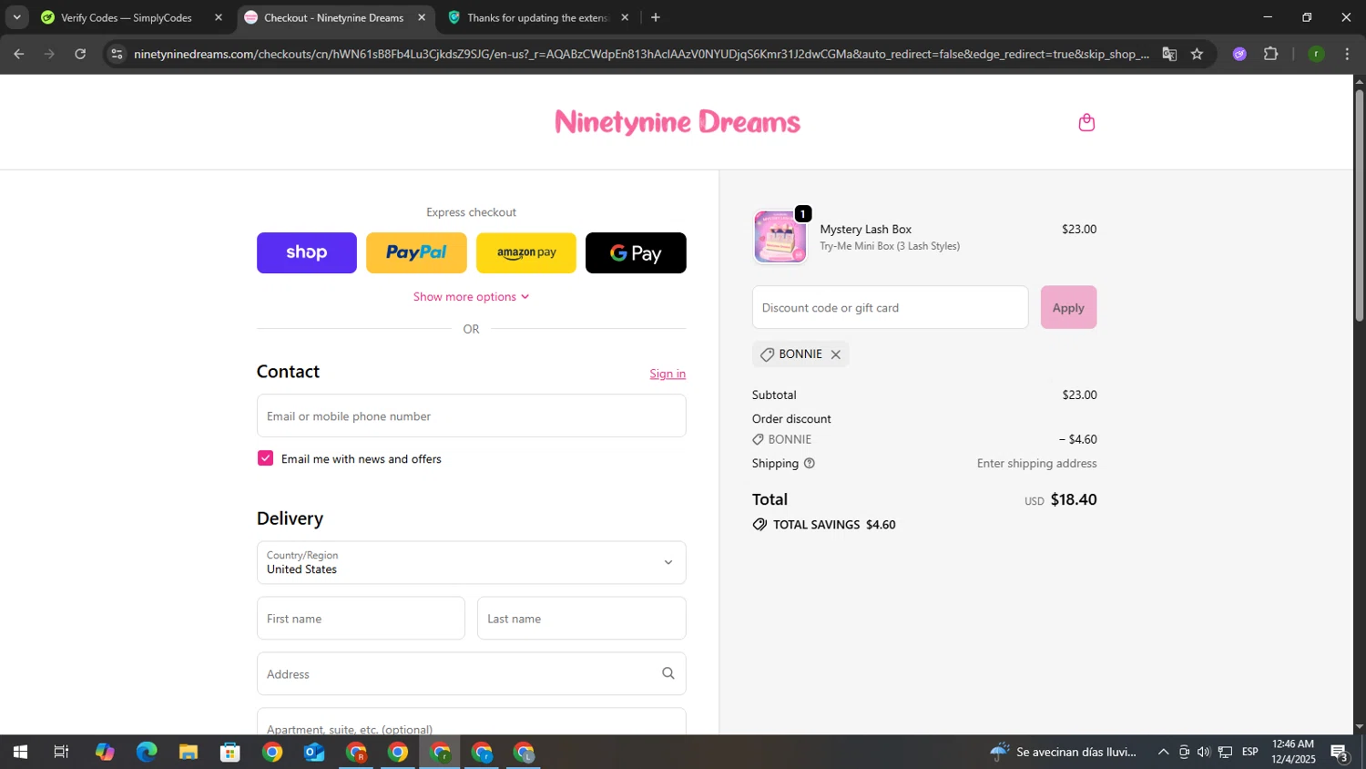Ninetynine Dreams discount code screenshot showing code BONNIE applied at Ninetynine Dreams checkout page. Uploaded by SimplyCodes community member GoldScout9735 on Dec 4, 2025