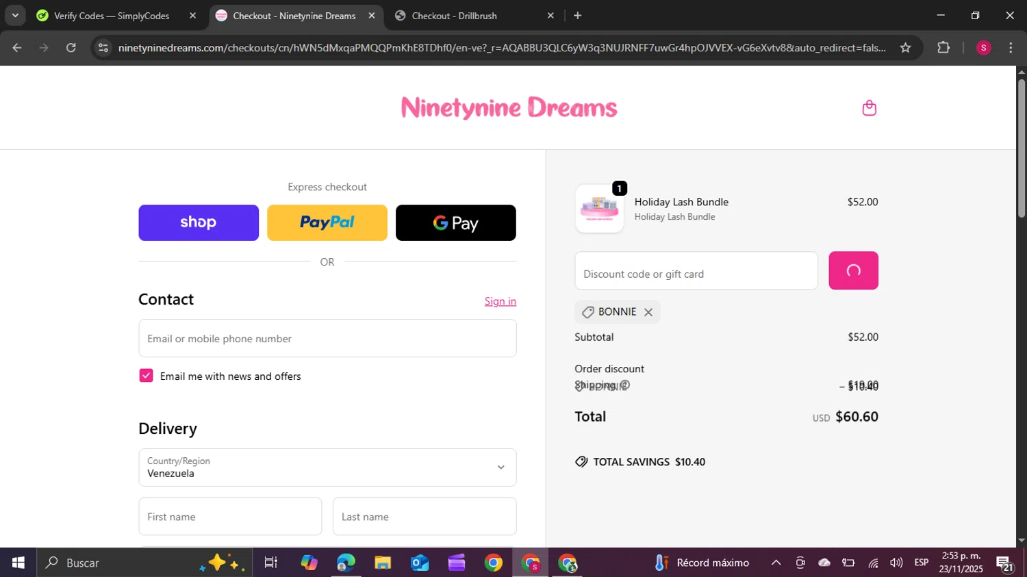 Ninetynine Dreams discount code screenshot showing code BONNIE applied at Ninetynine Dreams checkout page. Uploaded by SimplyCodes community member swiftie on Nov 23, 2025