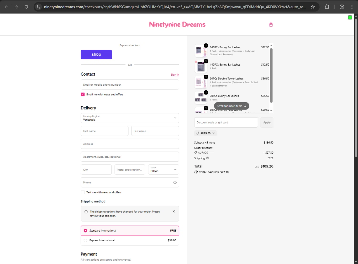 Ninetynine Dreams discount code screenshot showing code AURA20 applied at Ninetynine Dreams checkout page. Uploaded by SimplyCodes community member 61664350 on Dec 15, 2025