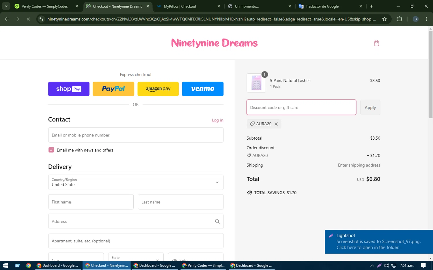 Ninetynine Dreams discount code screenshot showing code AURA20 applied at Ninetynine Dreams checkout page. Uploaded by SimplyCodes community member TOUSEN on Feb 26, 2025