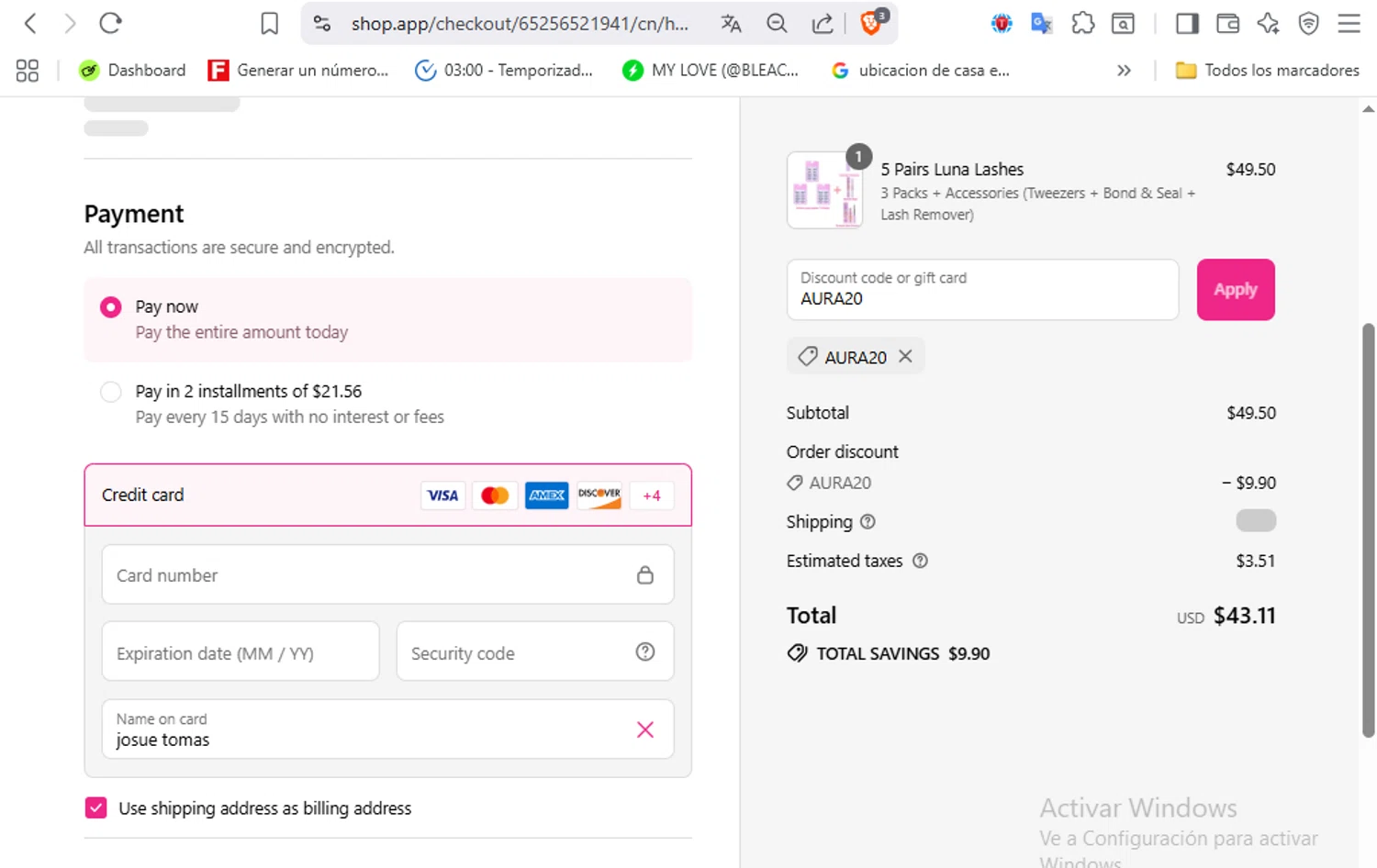 Ninetynine Dreams discount code screenshot showing code AURA20 applied at Ninetynine Dreams checkout page. Uploaded by SimplyCodes community member VoucherFalcon3942 on Aug 8, 2025