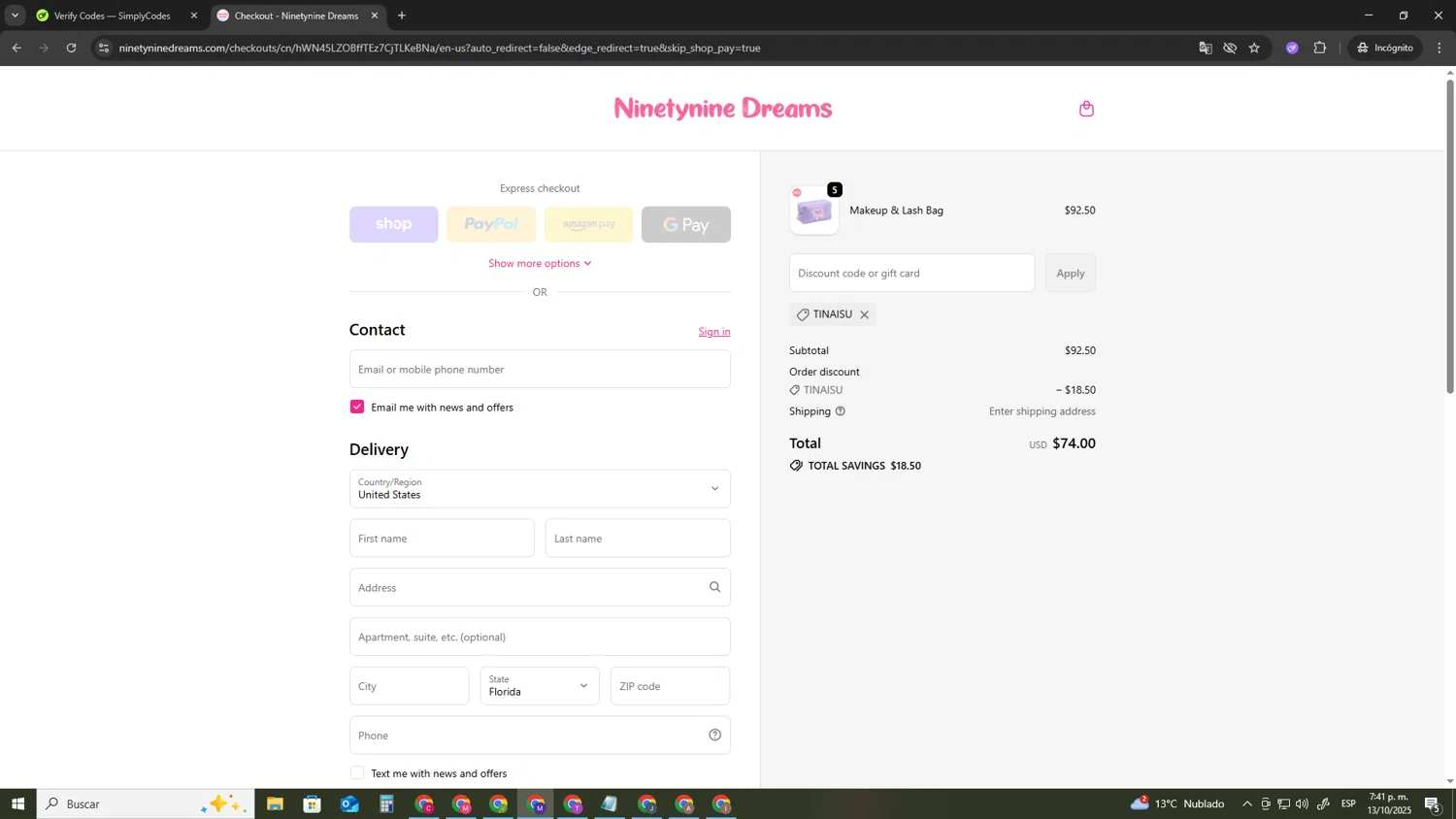 Ninetynine Dreams discount code screenshot showing code TINAISU applied at Ninetynine Dreams checkout page. Uploaded by SimplyCodes community member CRF250CC on Oct 13, 2025