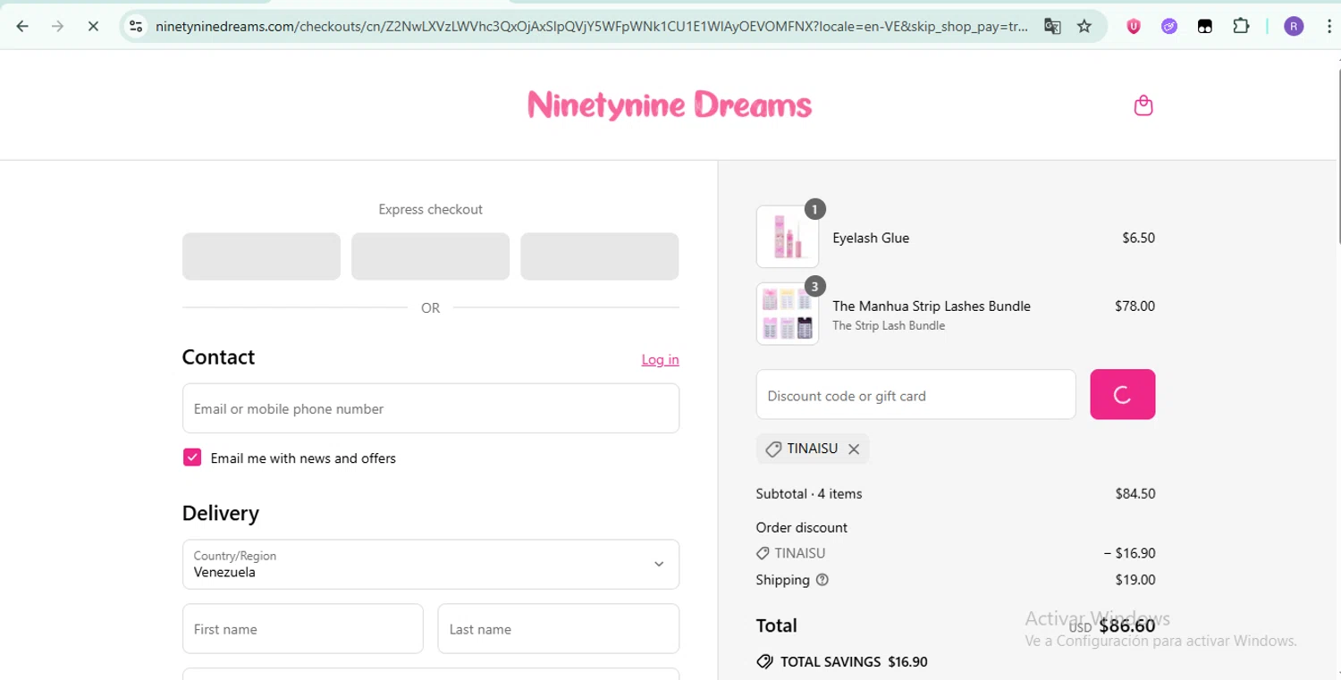 Ninetynine Dreams discount code screenshot showing code TINAISU applied at Ninetynine Dreams checkout page. Uploaded by SimplyCodes community member ShrewdTiger1887 on Jul 9, 2025