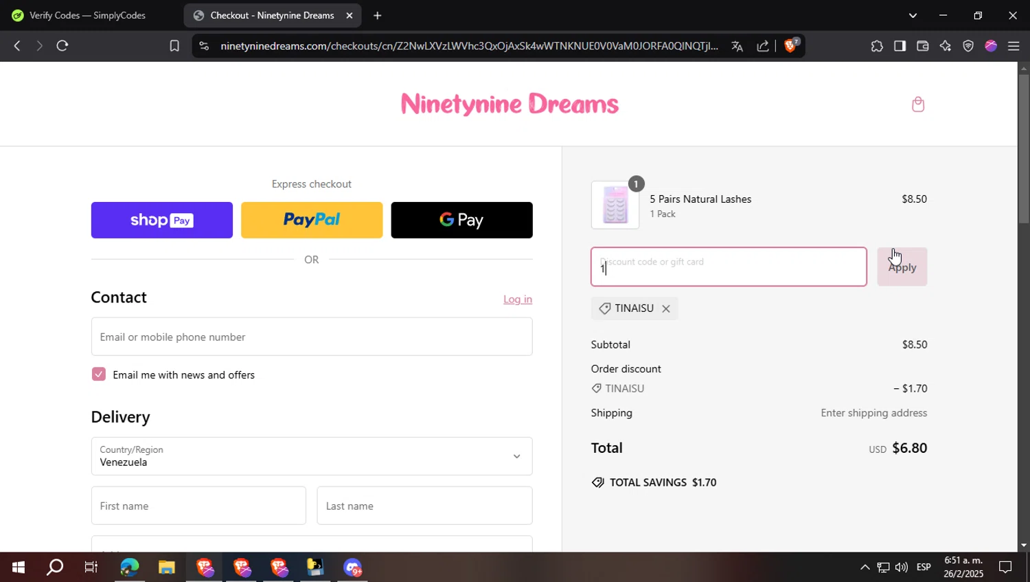 Ninetynine Dreams discount code screenshot showing code TINAISU applied at Ninetynine Dreams checkout page. Uploaded by SimplyCodes community member FrugalFalcon7577 on Feb 26, 2025