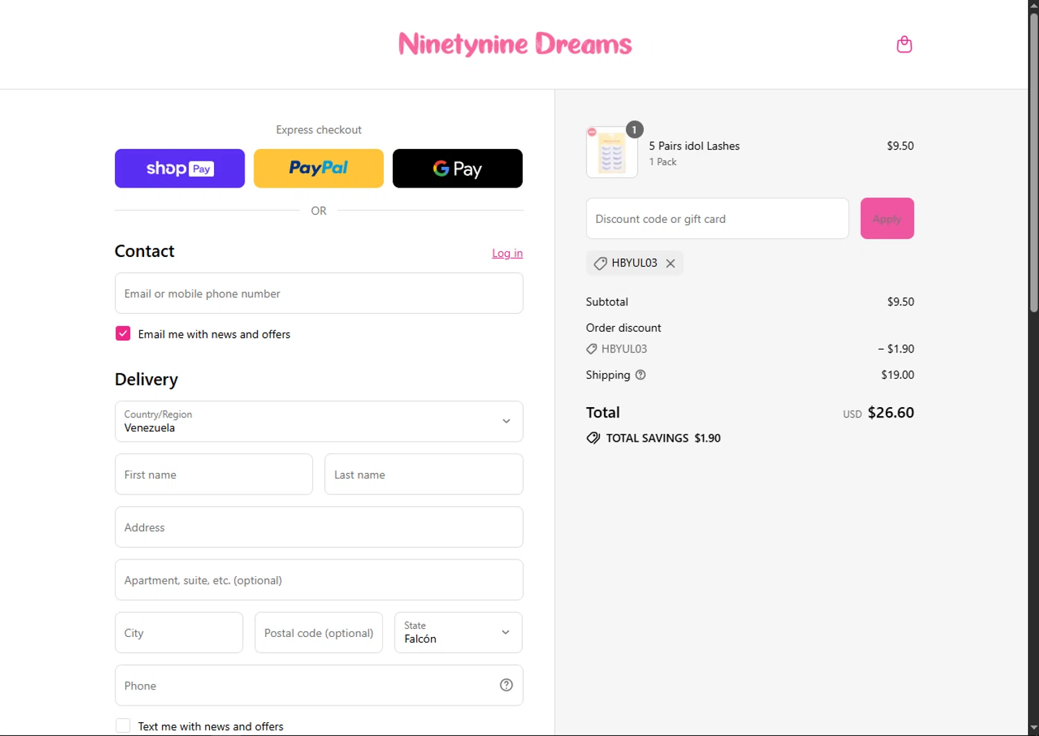 Ninetynine Dreams discount code screenshot showing code HBYUL03 applied at Ninetynine Dreams checkout page. Uploaded by SimplyCodes community member BargainSaver8204 on Jul 9, 2025