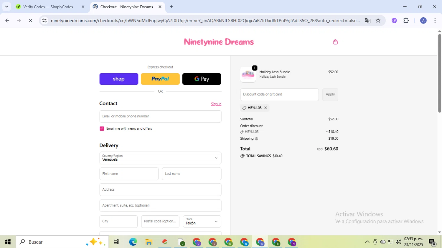 Ninetynine Dreams discount code screenshot showing code HBYUL03 applied at Ninetynine Dreams checkout page. Uploaded by SimplyCodes community member TreasureCaptain5531 on Nov 23, 2025