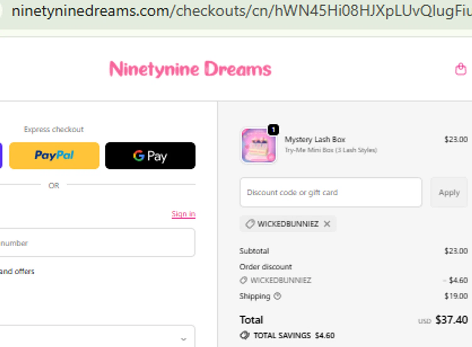 Ninetynine Dreams discount code screenshot showing code WICKEDBUNNIEZ applied at Ninetynine Dreams checkout page. Uploaded by SimplyCodes community member CashMaestro9337 on Nov 8, 2025