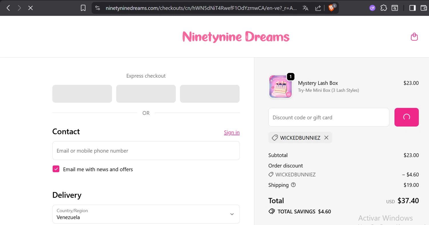 Ninetynine Dreams discount code screenshot showing code WICKEDBUNNIEZ applied at Ninetynine Dreams checkout page. Uploaded by SimplyCodes community member CoinOwl5103 on Nov 23, 2025