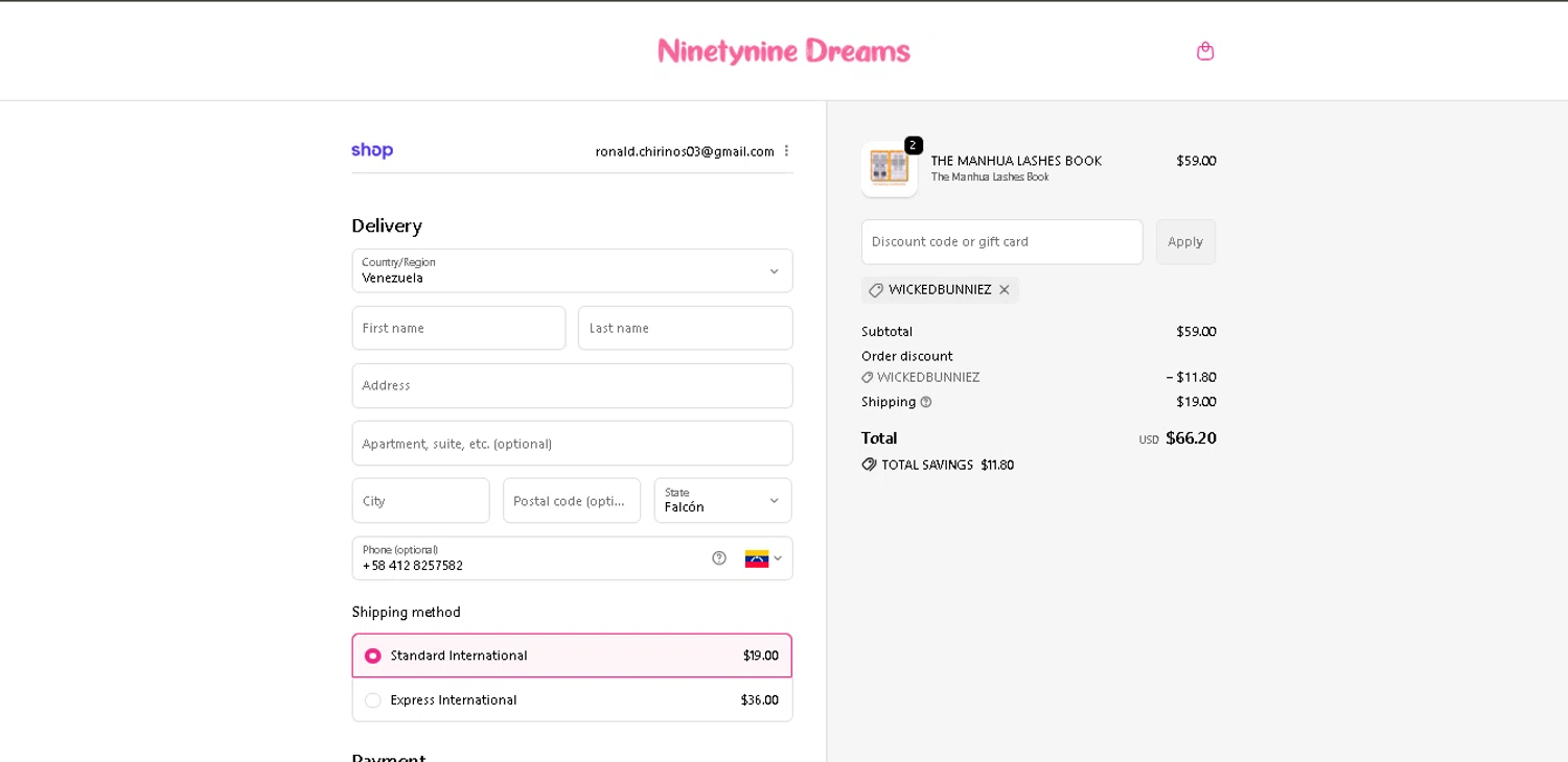 Ninetynine Dreams discount code screenshot showing code WICKEDBUNNIEZ applied at Ninetynine Dreams checkout page. Uploaded by SimplyCodes community member davisams on Dec 15, 2025