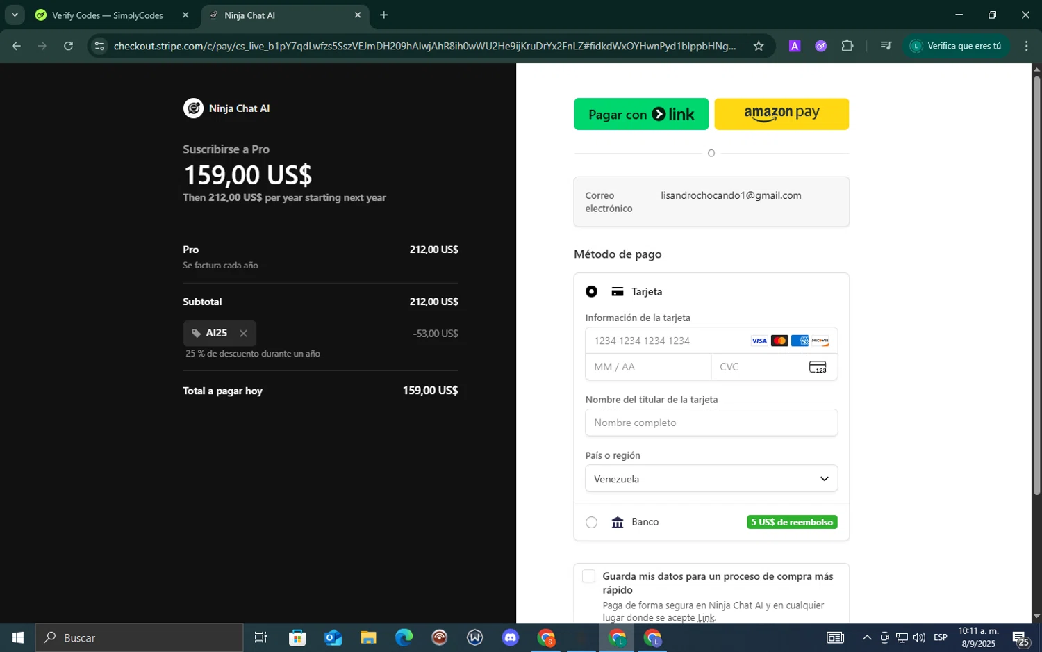 Ninjachat.ai promo code screenshot showing code AI25 applied at Ninjachat.ai checkout page. Uploaded by SimplyCodes community member ValueExpert7524 on Sep 8, 2025