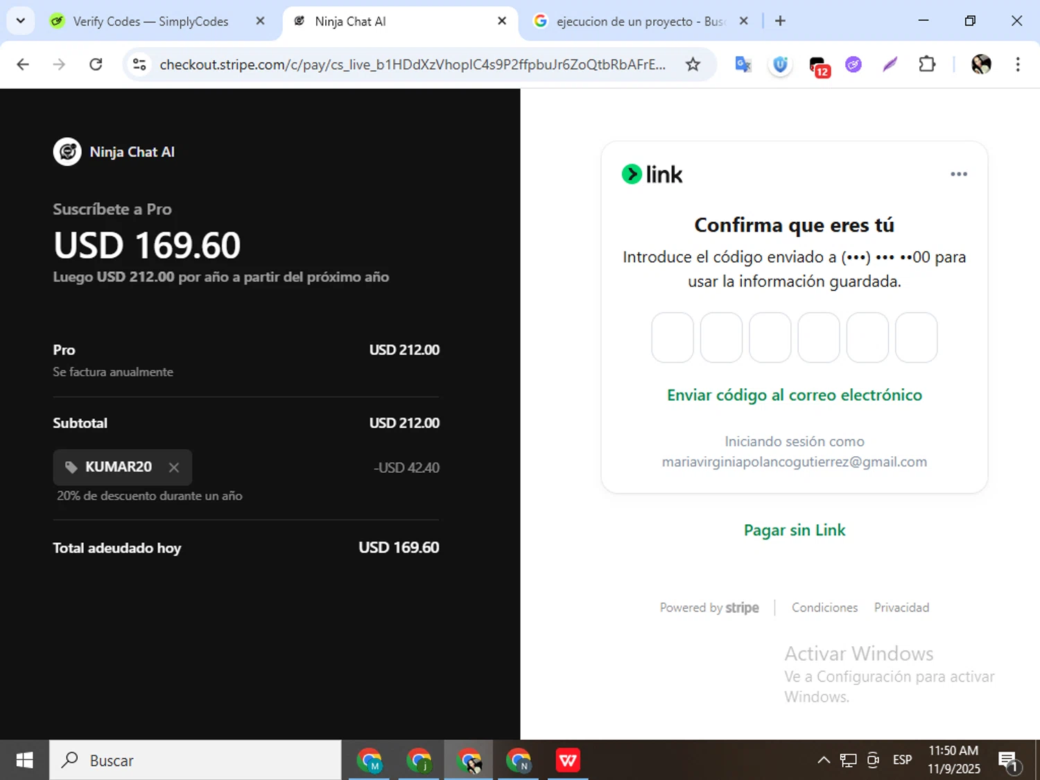 Ninjachat.ai checkout page showing Ninjachat.ai promo code box | Screenshot taken by SimplyCodes community member on Nov 9, 2025