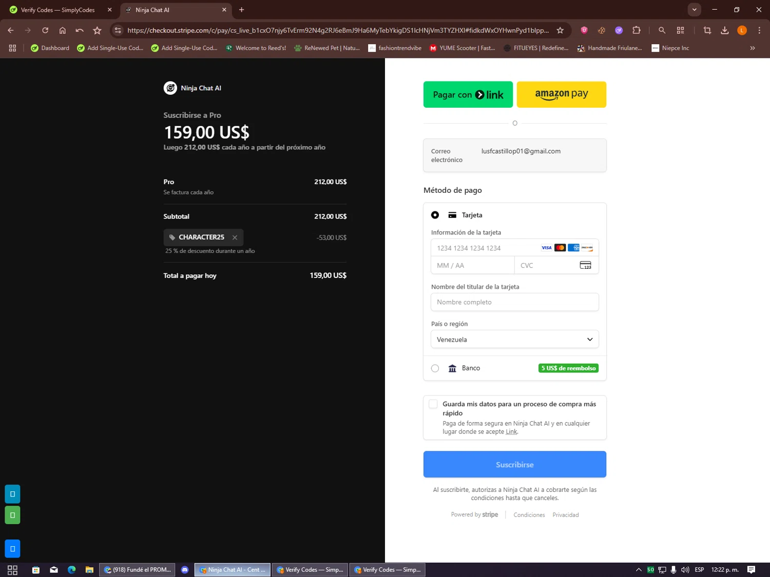 Ninjachat.ai promo code screenshot showing code CHARACTER25 applied at Ninjachat.ai checkout page. Uploaded by SimplyCodes community member Alalee on Oct 12, 2025
