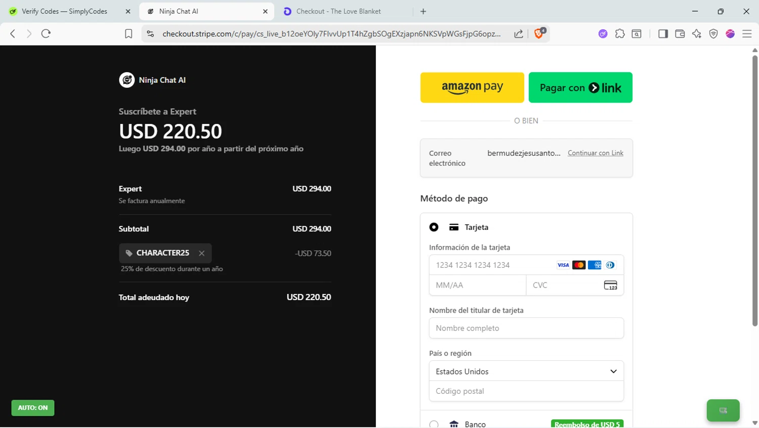 Ninjachat.ai promo code screenshot showing code CHARACTER25 applied at Ninjachat.ai checkout page. Uploaded by SimplyCodes community member LaVelaEnPinta on Nov 10, 2025