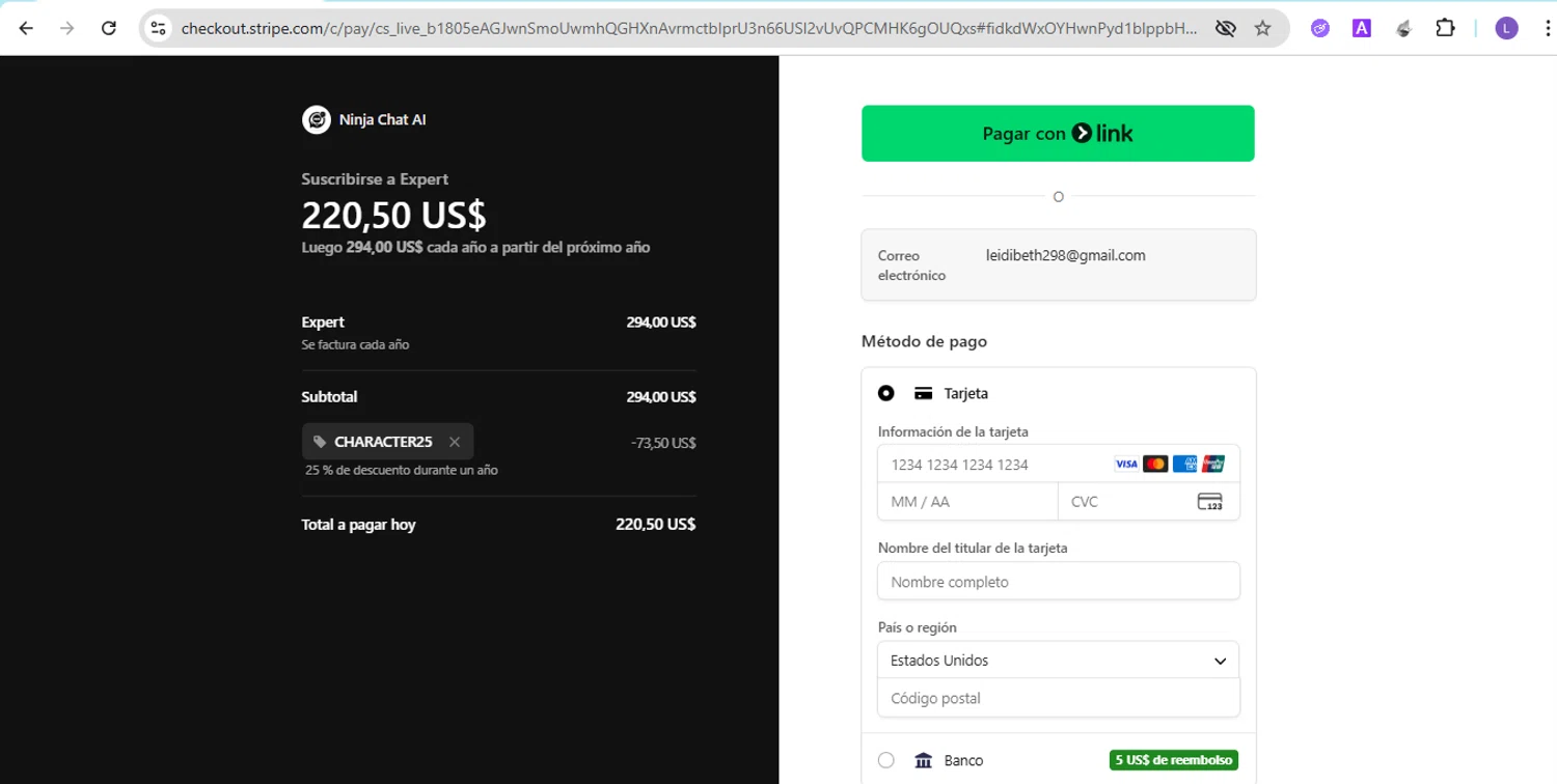 Ninjachat.ai promo code screenshot showing code CHARACTER25 applied at Ninjachat.ai checkout page. Uploaded by SimplyCodes community member NobleKnight286 on Dec 9, 2025
