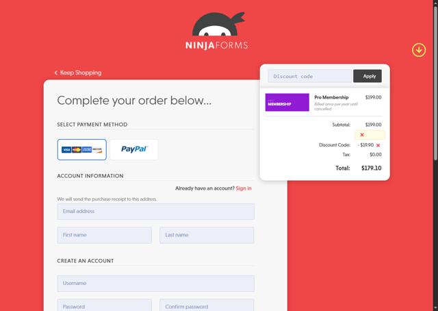 Ninja Forms checkout page showing Ninja Forms promo code box | Screenshot taken by SimplyCodes community member on Apr 25, 2025