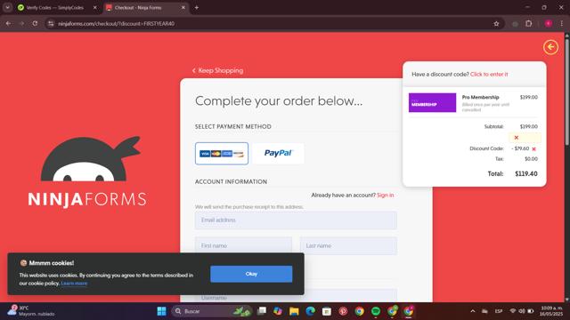 Ninja Forms checkout page showing Ninja Forms promo code box | Screenshot taken by SimplyCodes community member on May 16, 2025
