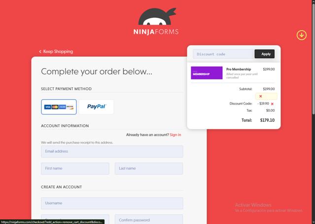 Ninja Forms checkout page showing Ninja Forms promo code box | Screenshot taken by SimplyCodes community member on Jun 13, 2025