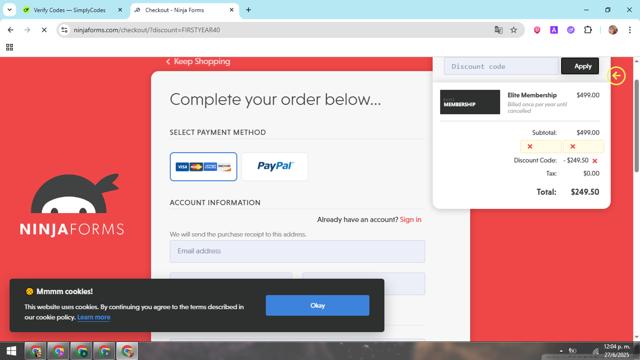 Ninja Forms checkout page showing Ninja Forms promo code box | Screenshot taken by SimplyCodes community member on Jun 27, 2025