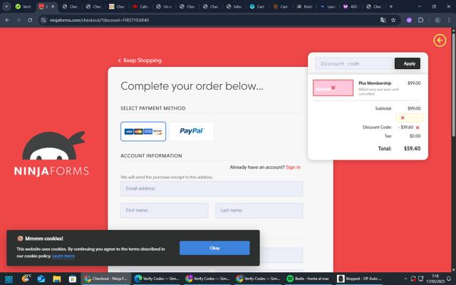 Ninja Forms checkout page showing Ninja Forms promo code box | Screenshot taken by SimplyCodes community member on May 17, 2025
