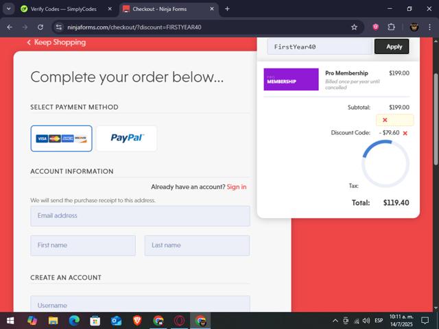Ninja Forms checkout page showing Ninja Forms promo code box | Screenshot taken by SimplyCodes community member on Jul 14, 2025