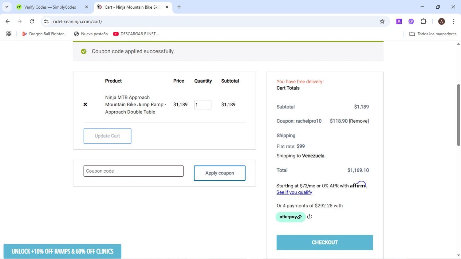 Ninja Mountain Bike Performance promo code screenshot showing code RACHELPRO10 applied at Ninja Mountain Bike Performance checkout page. Uploaded by SimplyCodes community member BudgetMaven6078 on Jun 27, 2025
