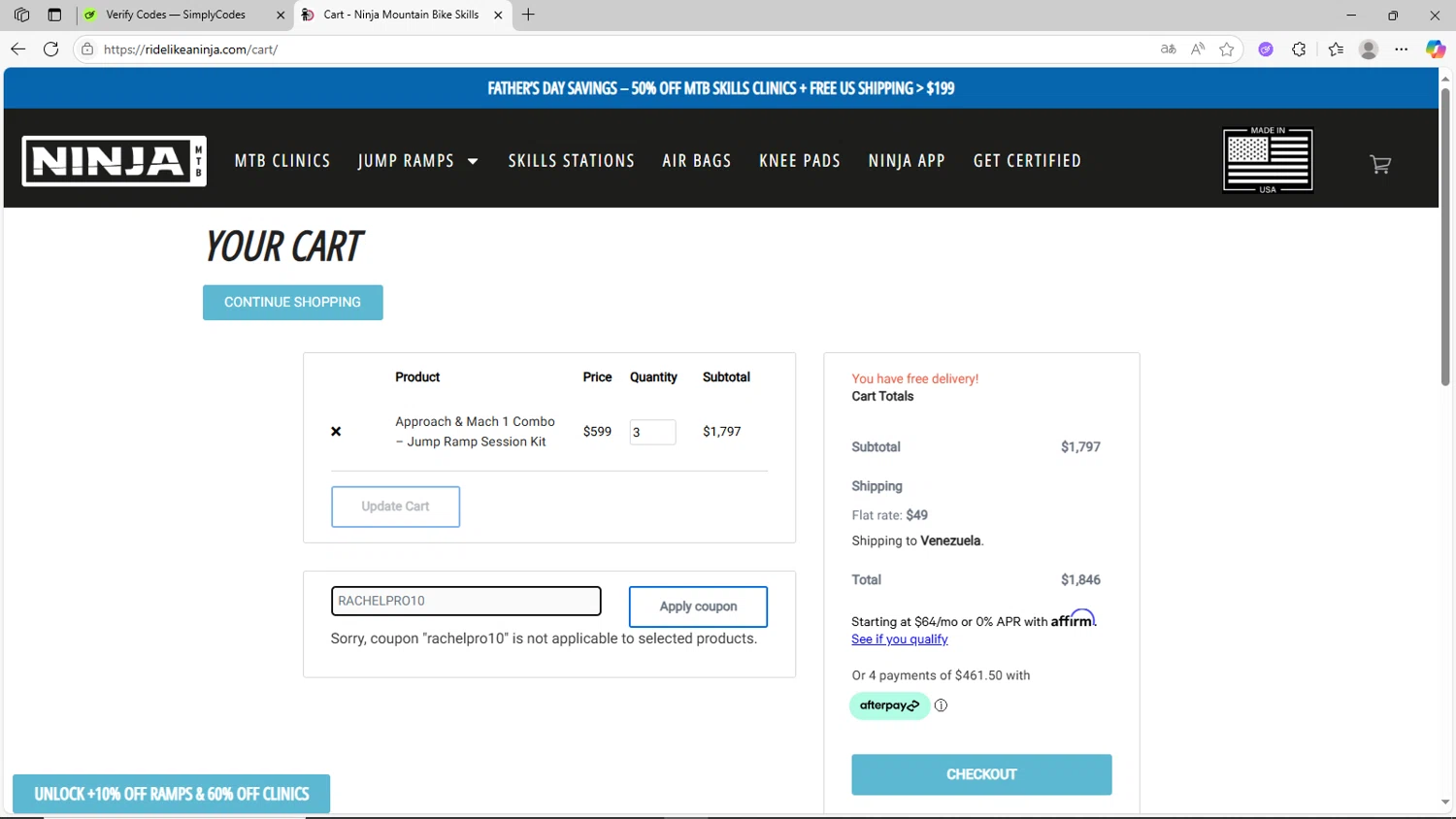 Ninja Mountain Bike Performance promo code screenshot showing code RACHELPRO10 applied at Ninja Mountain Bike Performance checkout page. Uploaded by SimplyCodes community member CrownShopper2899 on Jun 13, 2025