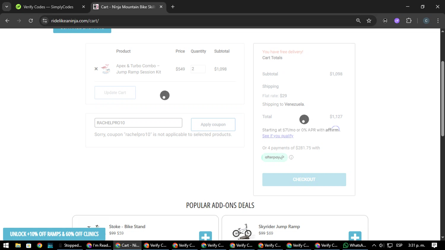 Ninja Mountain Bike Performance promo code screenshot showing code RACHELPRO10 applied at Ninja Mountain Bike Performance checkout page. Uploaded by SimplyCodes community member Nata_Montana on Jun 13, 2025