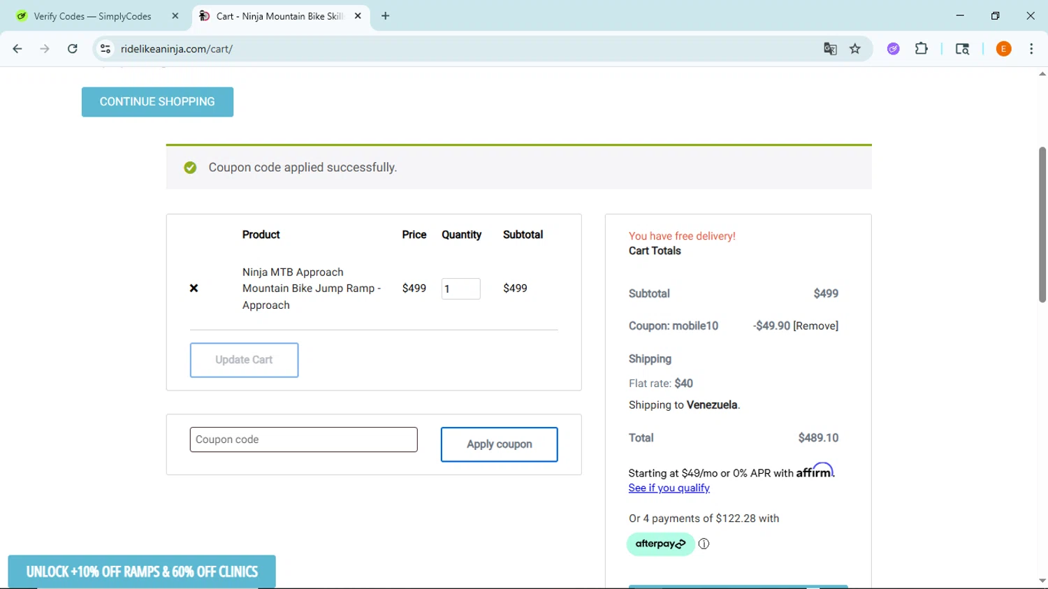 Ninja Mountain Bike Performance promo code screenshot showing code MOBILE10 applied at Ninja Mountain Bike Performance checkout page. Uploaded by SimplyCodes community member BudgetFox5491 on Jun 28, 2025