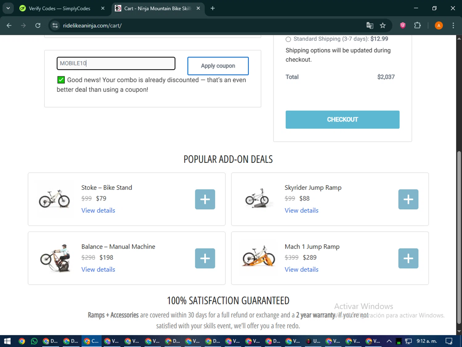 Ninja Mountain Bike Performance promo code screenshot showing code MOBILE10 applied at Ninja Mountain Bike Performance checkout page. Uploaded by SimplyCodes community member MoneyPhoenix4664 on Dec 11, 2025